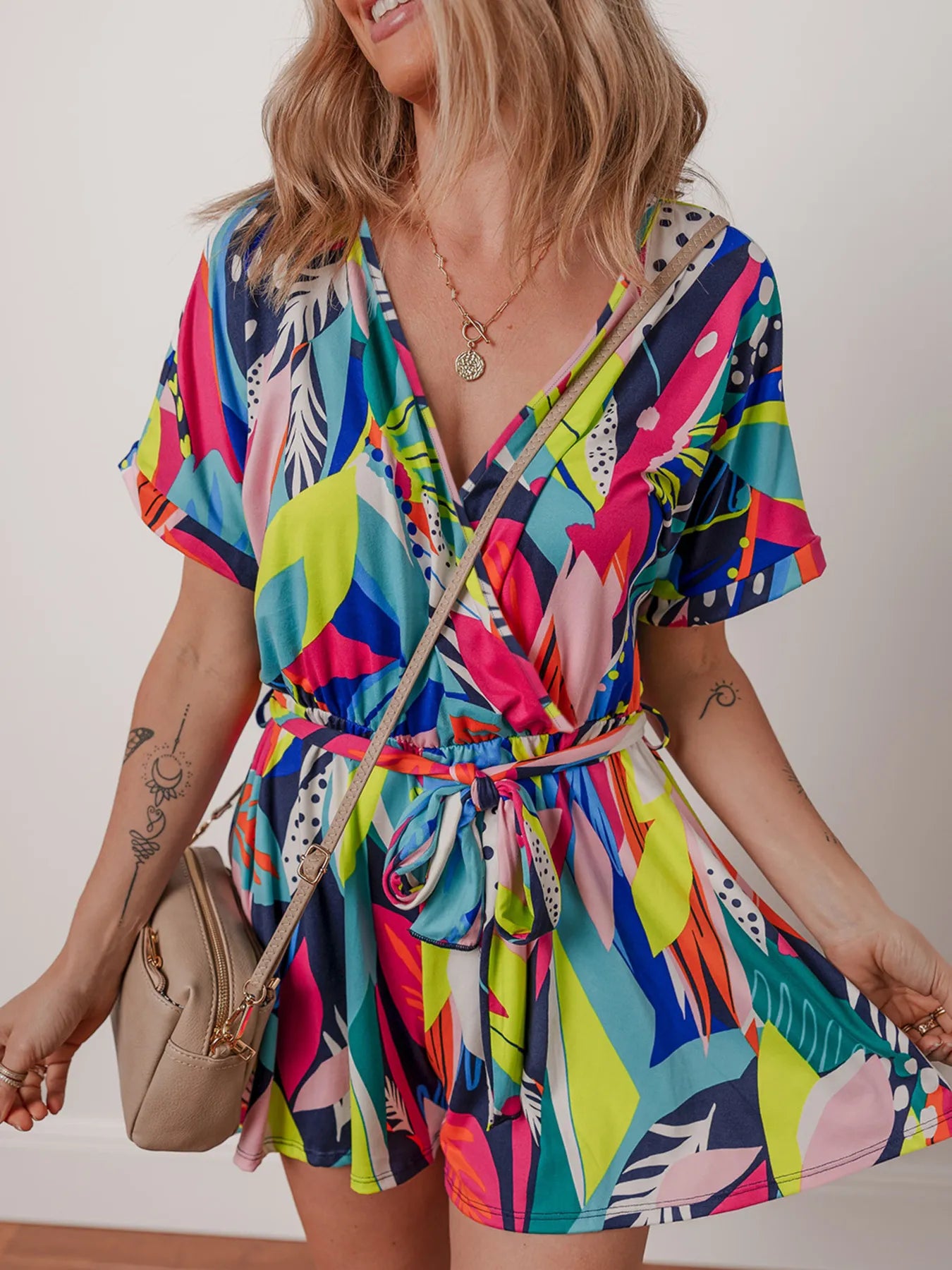 Multicolour Tropical Printed Surplice Neck Tie Waist Romper