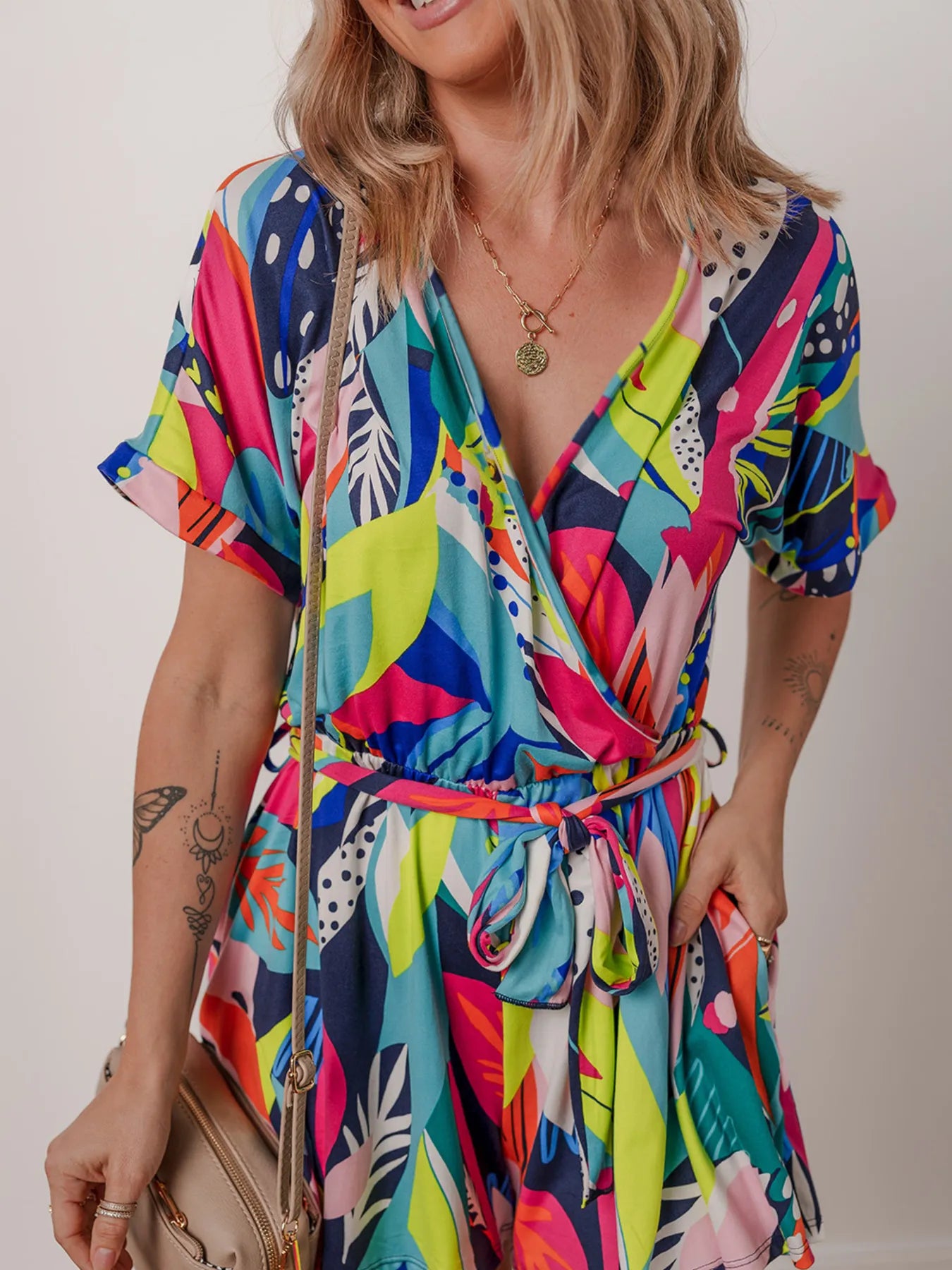 Multicolour Tropical Printed Surplice Neck Tie Waist Romper