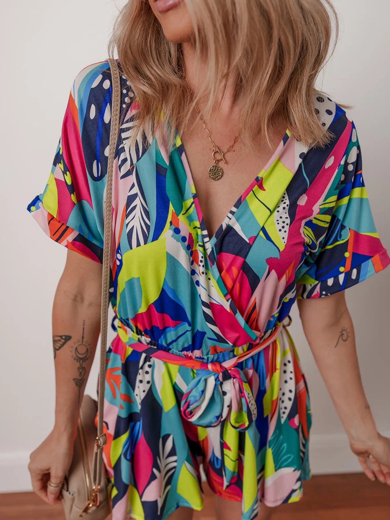 Multicolour Tropical Printed Surplice Neck Tie Waist Romper