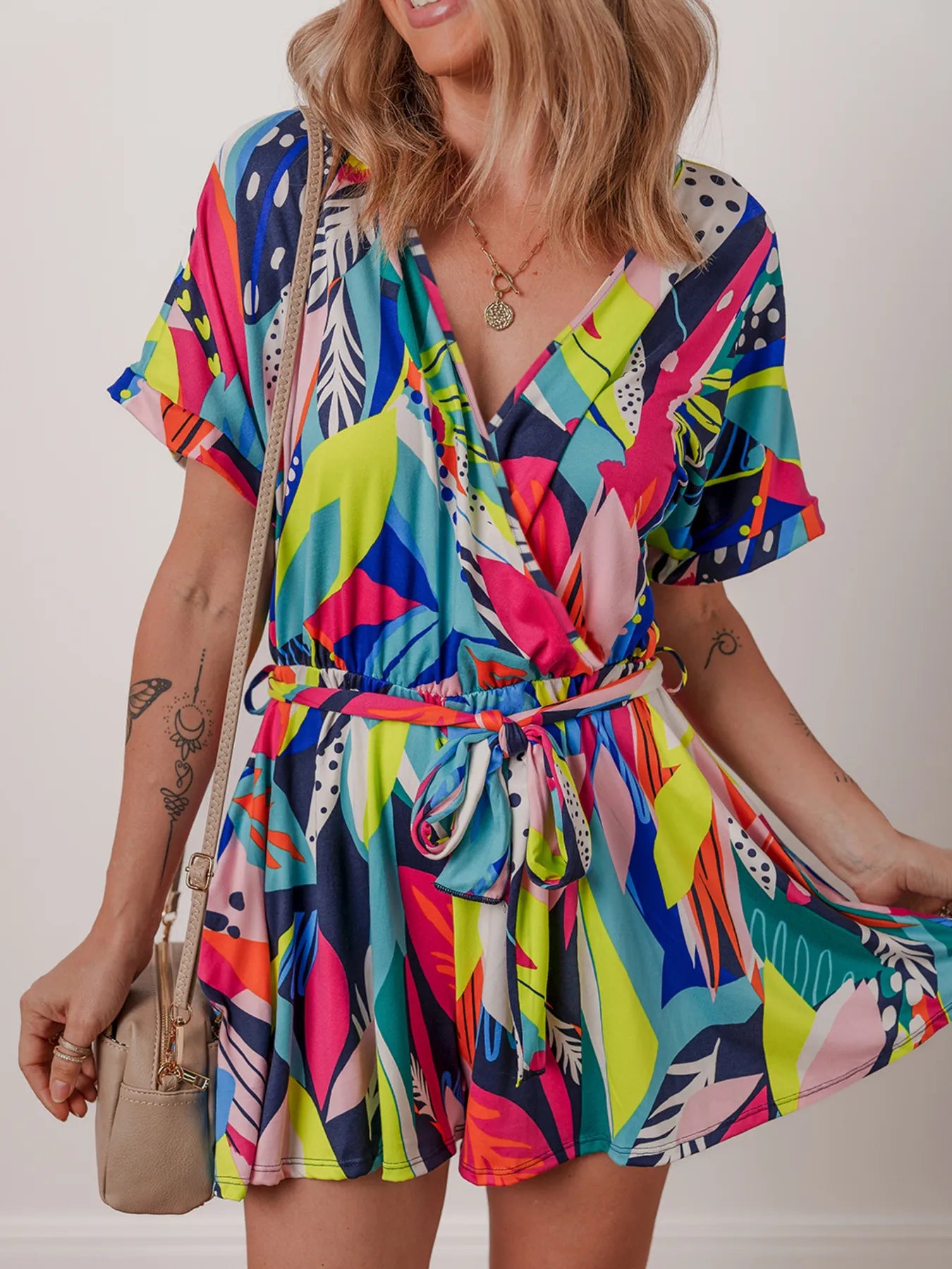 Multicolour Tropical Printed Surplice Neck Tie Waist Romper