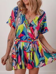 Multicolour Tropical Printed Surplice Neck Tie Waist Romper