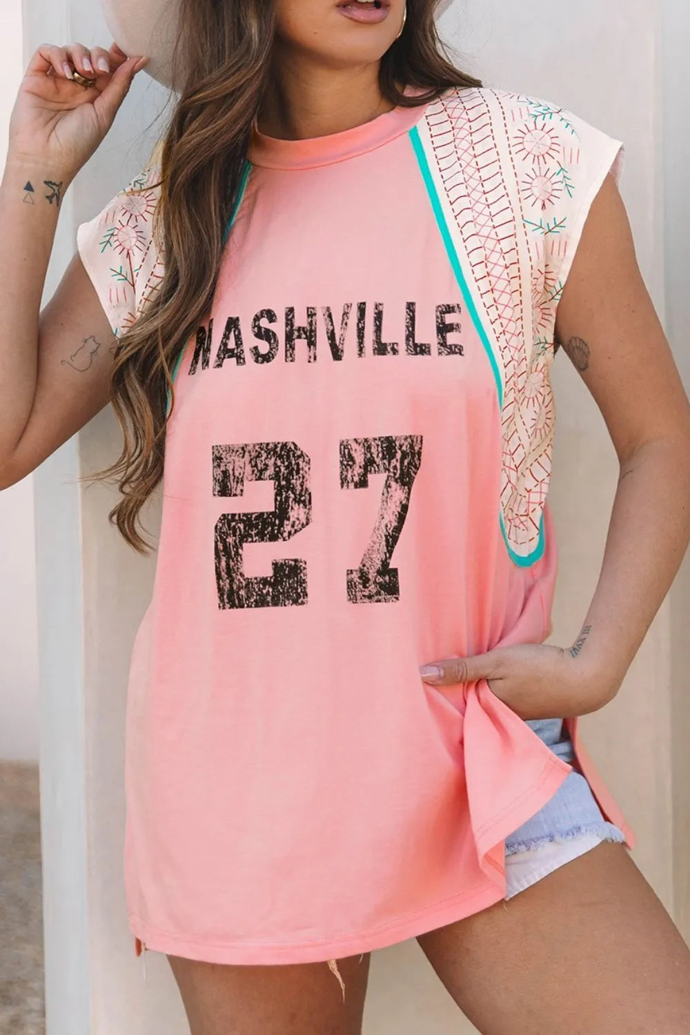 Nashville printed patchwork tank top with slit.