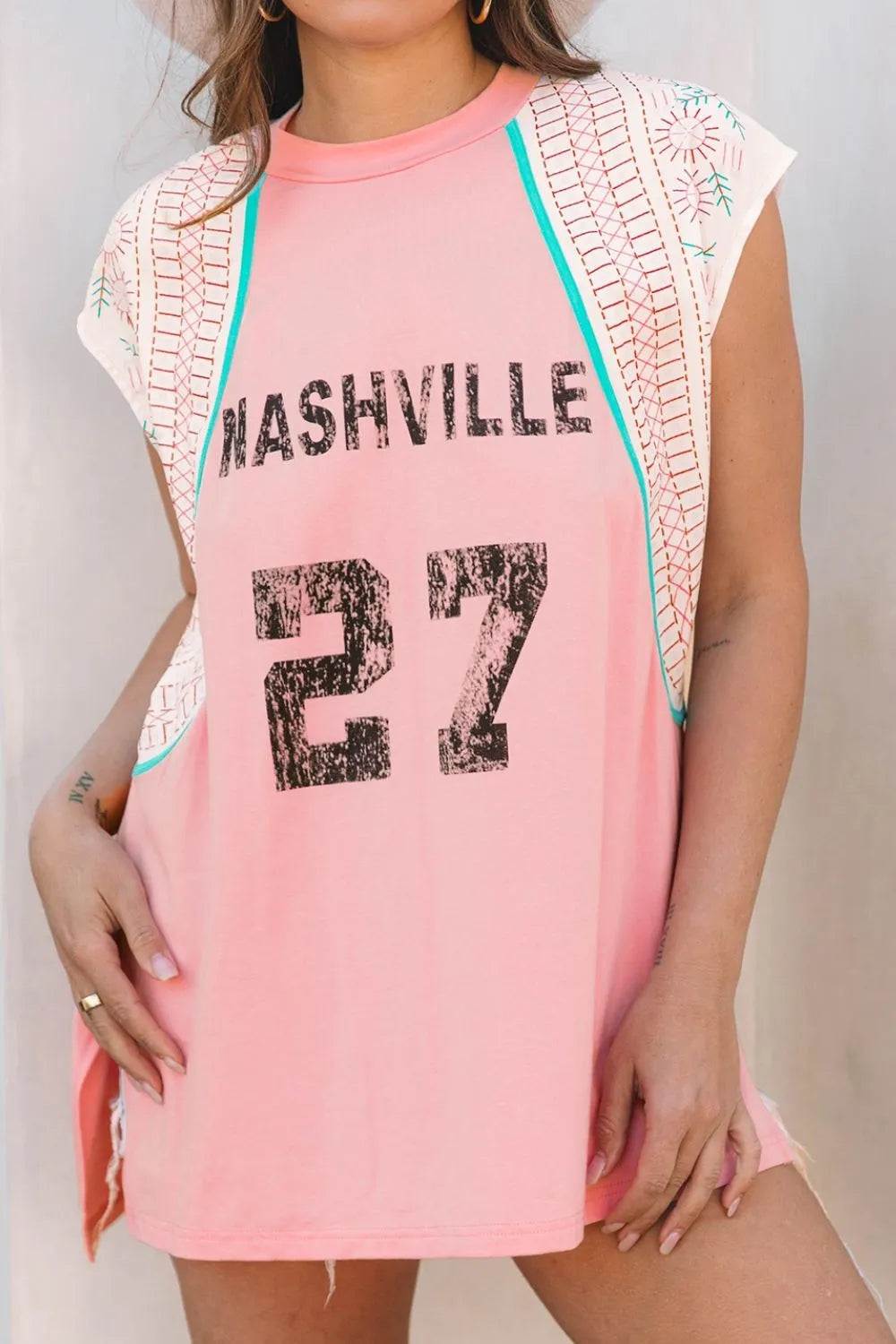 Nashville printed patchwork tank top with slit.