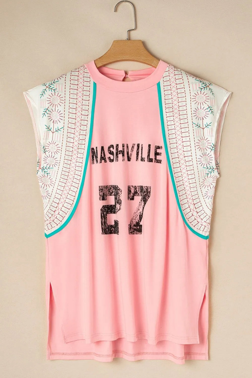 Nashville printed patchwork tank top with slit.