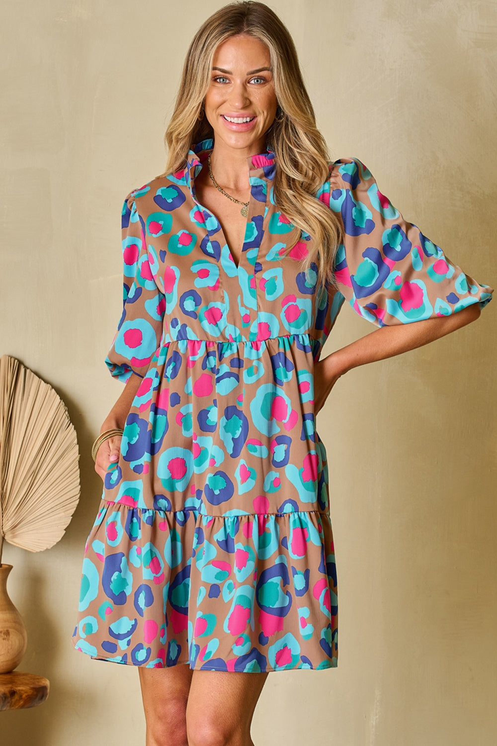 Notched Balloon Sleeve Mini Dress.