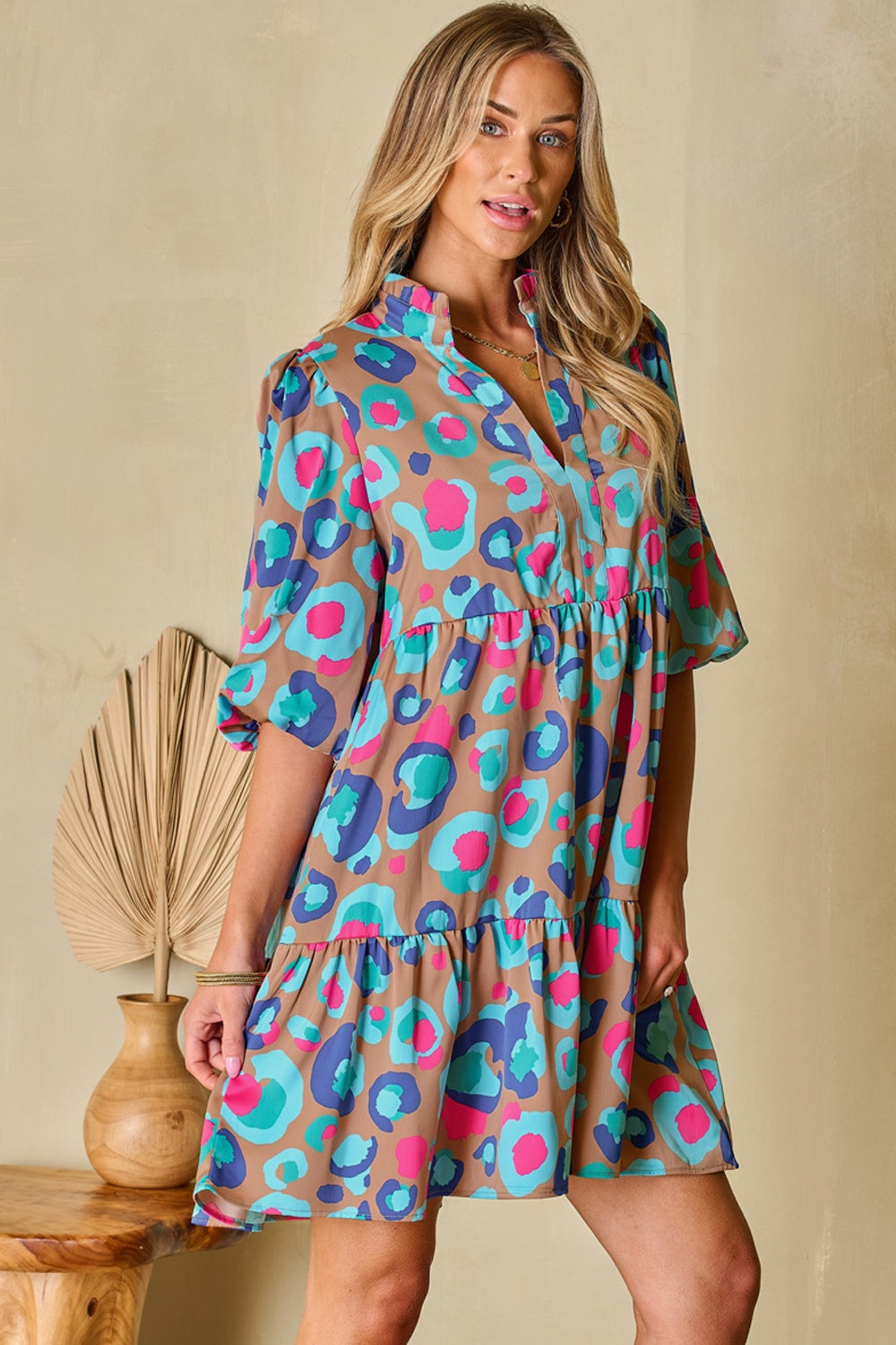 Notched Balloon Sleeve Mini Dress.
