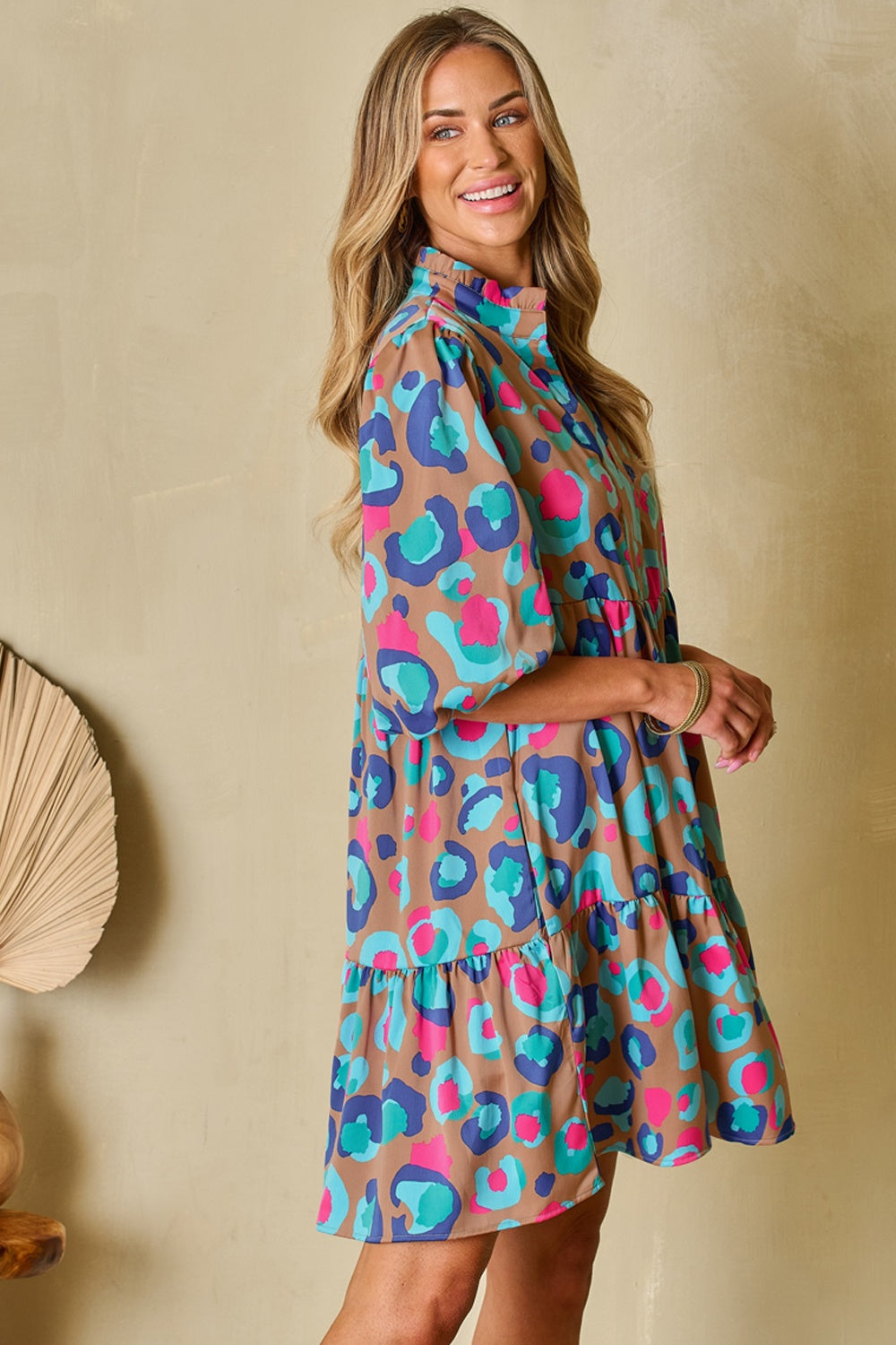 Notched Balloon Sleeve Mini Dress.