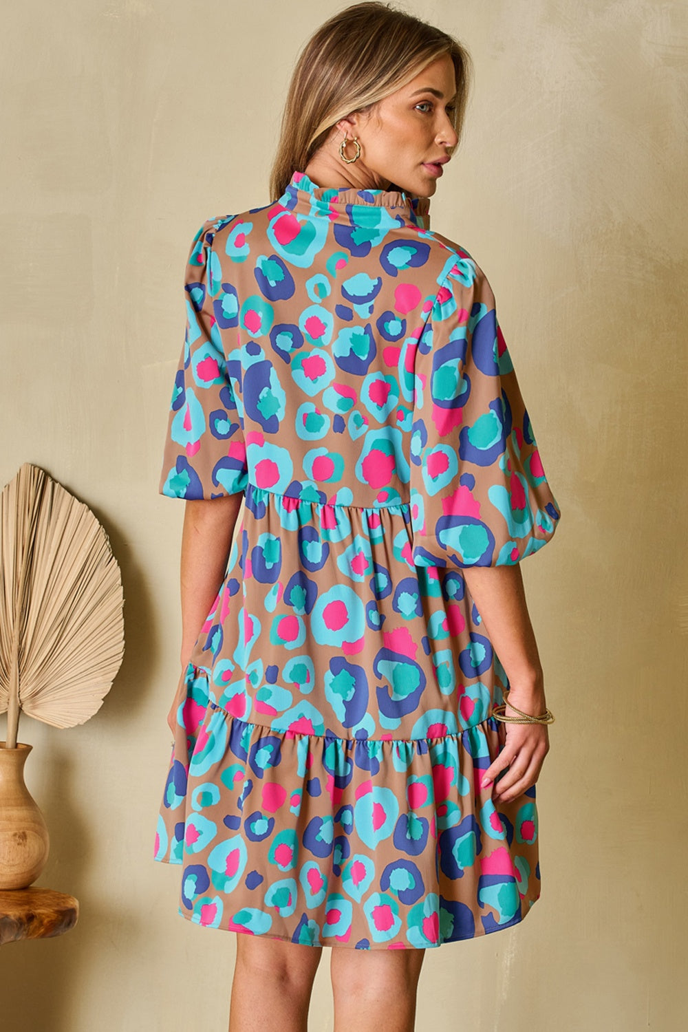 Notched Balloon Sleeve Mini Dress.