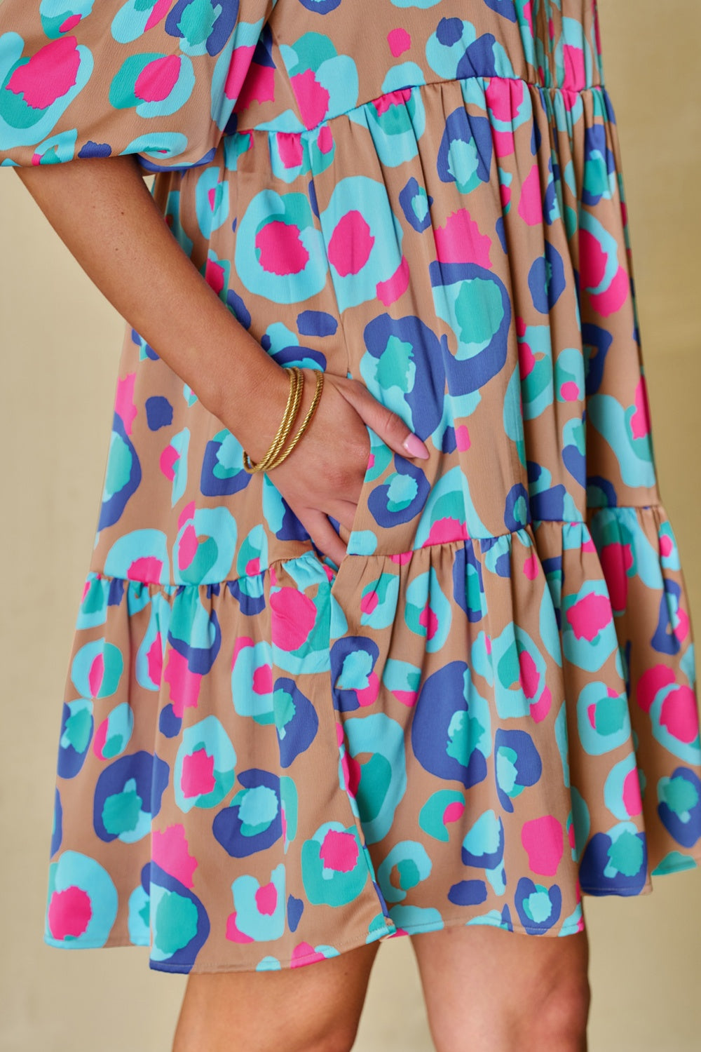 Notched Balloon Sleeve Mini Dress.
