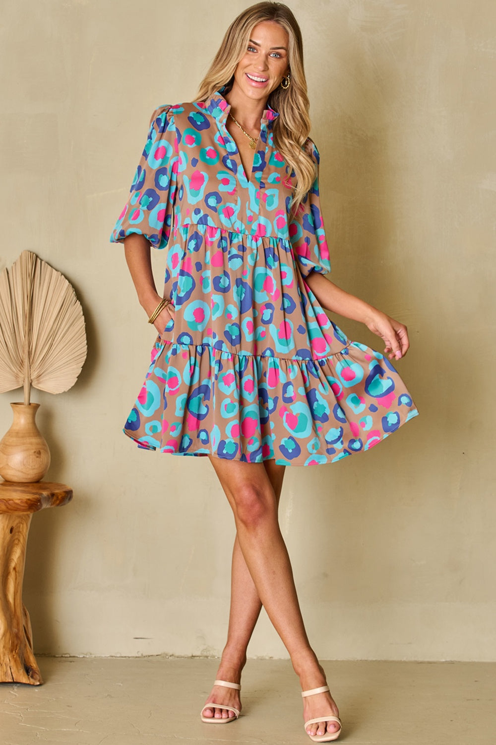 Notched Balloon Sleeve Mini Dress.