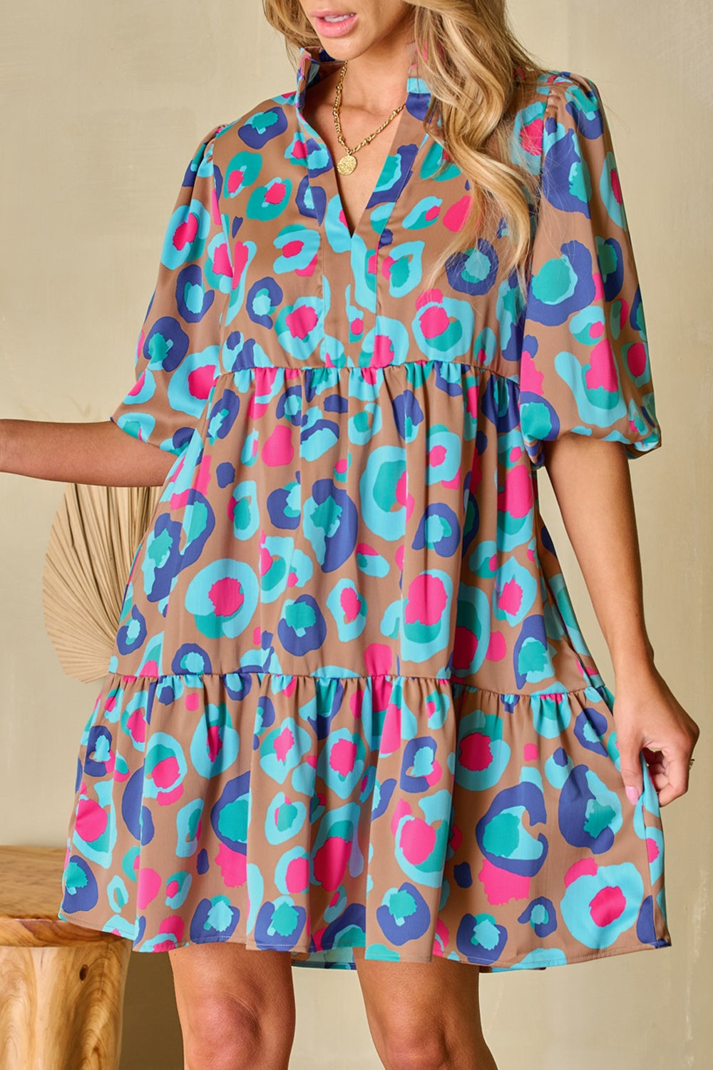 Notched Balloon Sleeve Mini Dress.