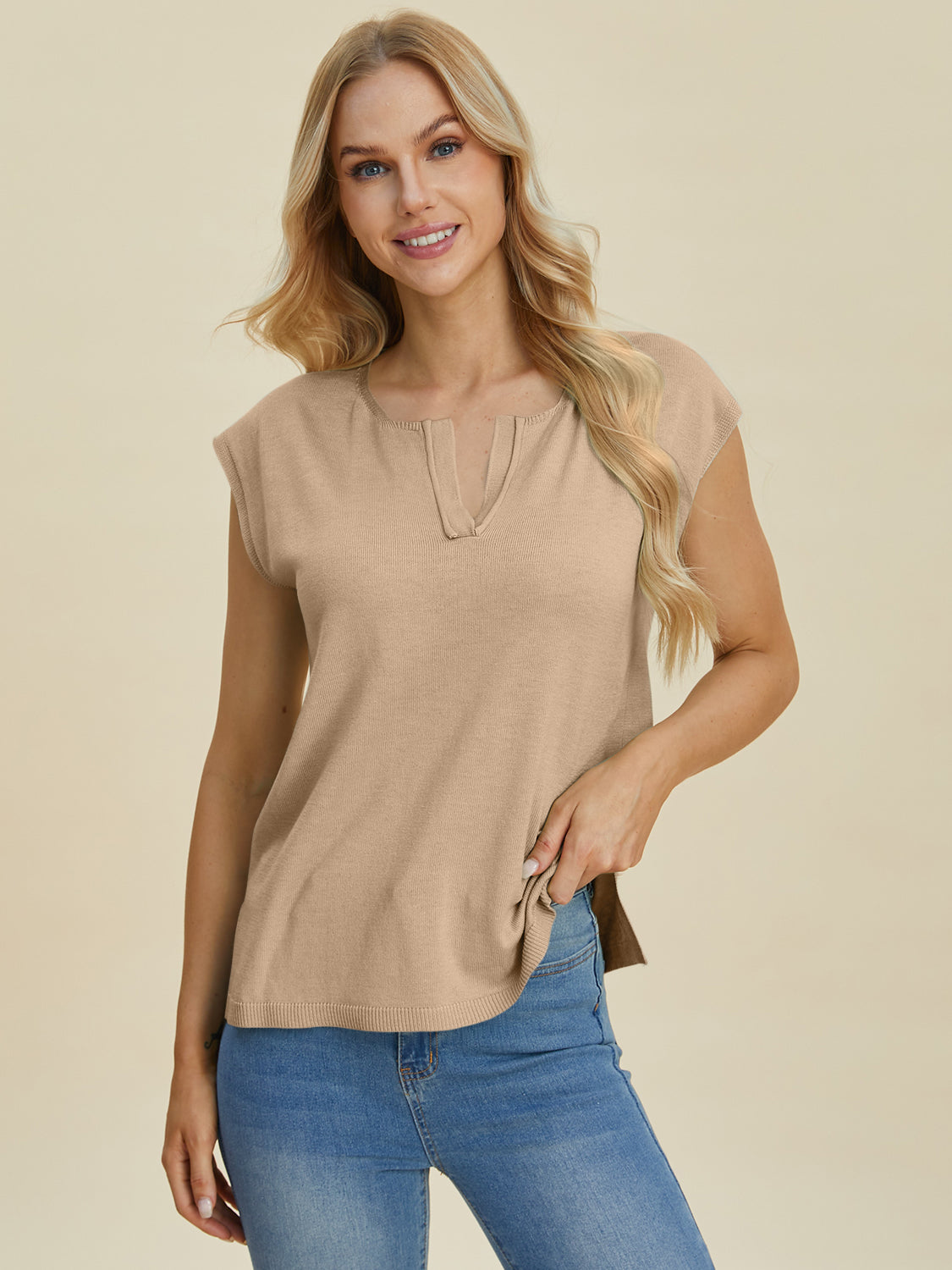 Double Take full size Notched Cap Sleeve Knit Top.