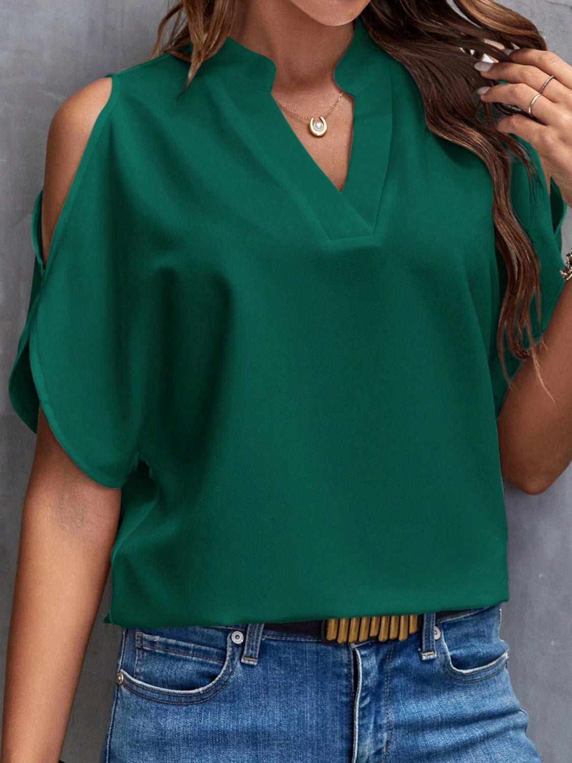Notched Cold Shoulder Blouse.