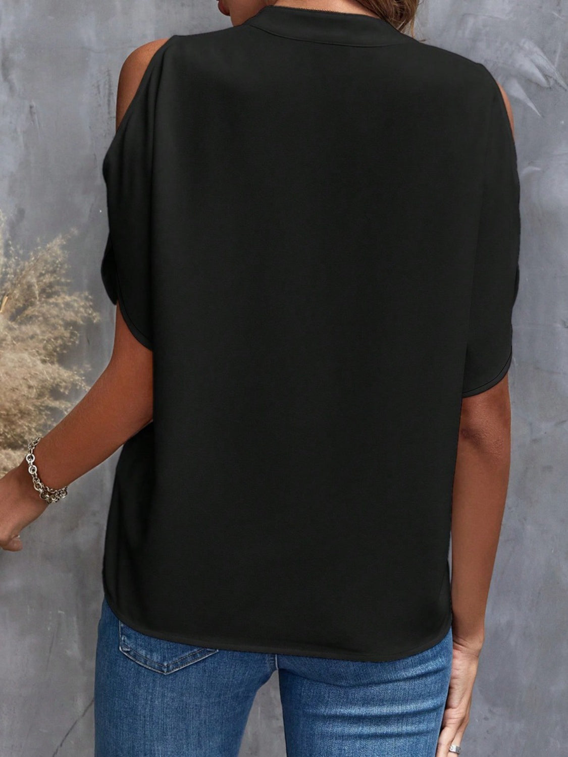 Notched Cold Shoulder Blouse.