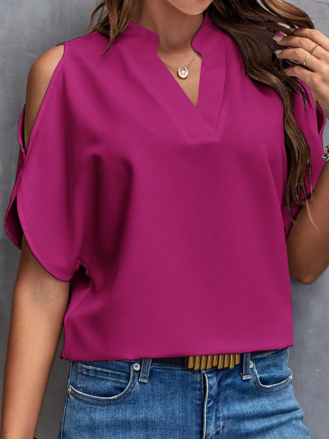 Notched Cold Shoulder Blouse.