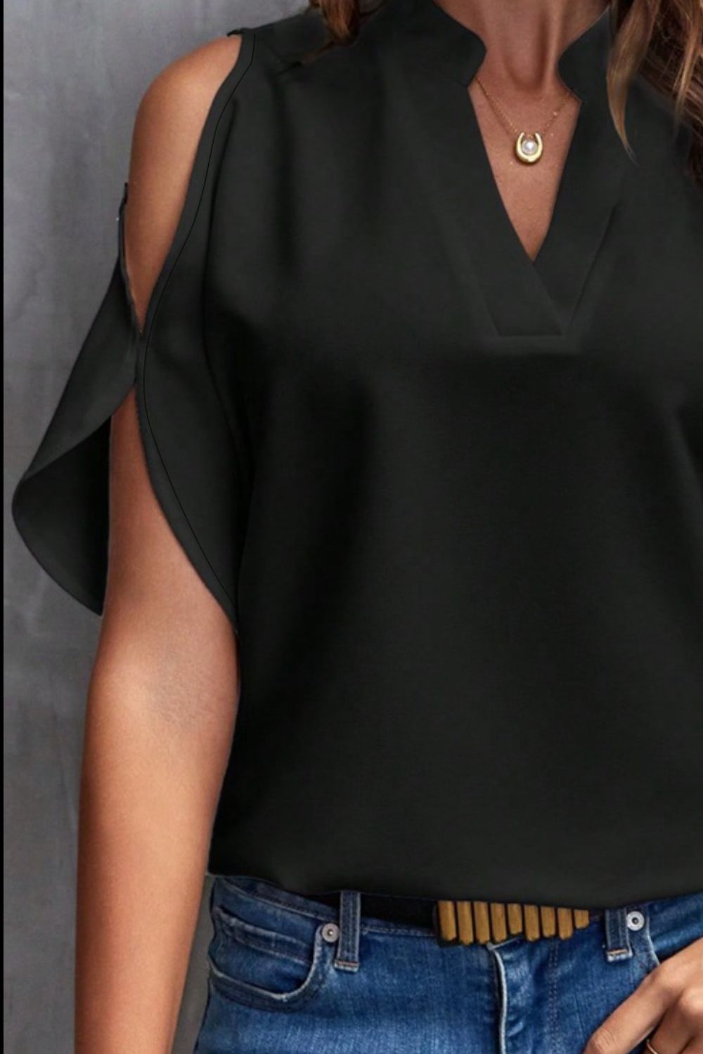 Notched Cold Shoulder Blouse.