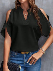 Notched Cold Shoulder Blouse.