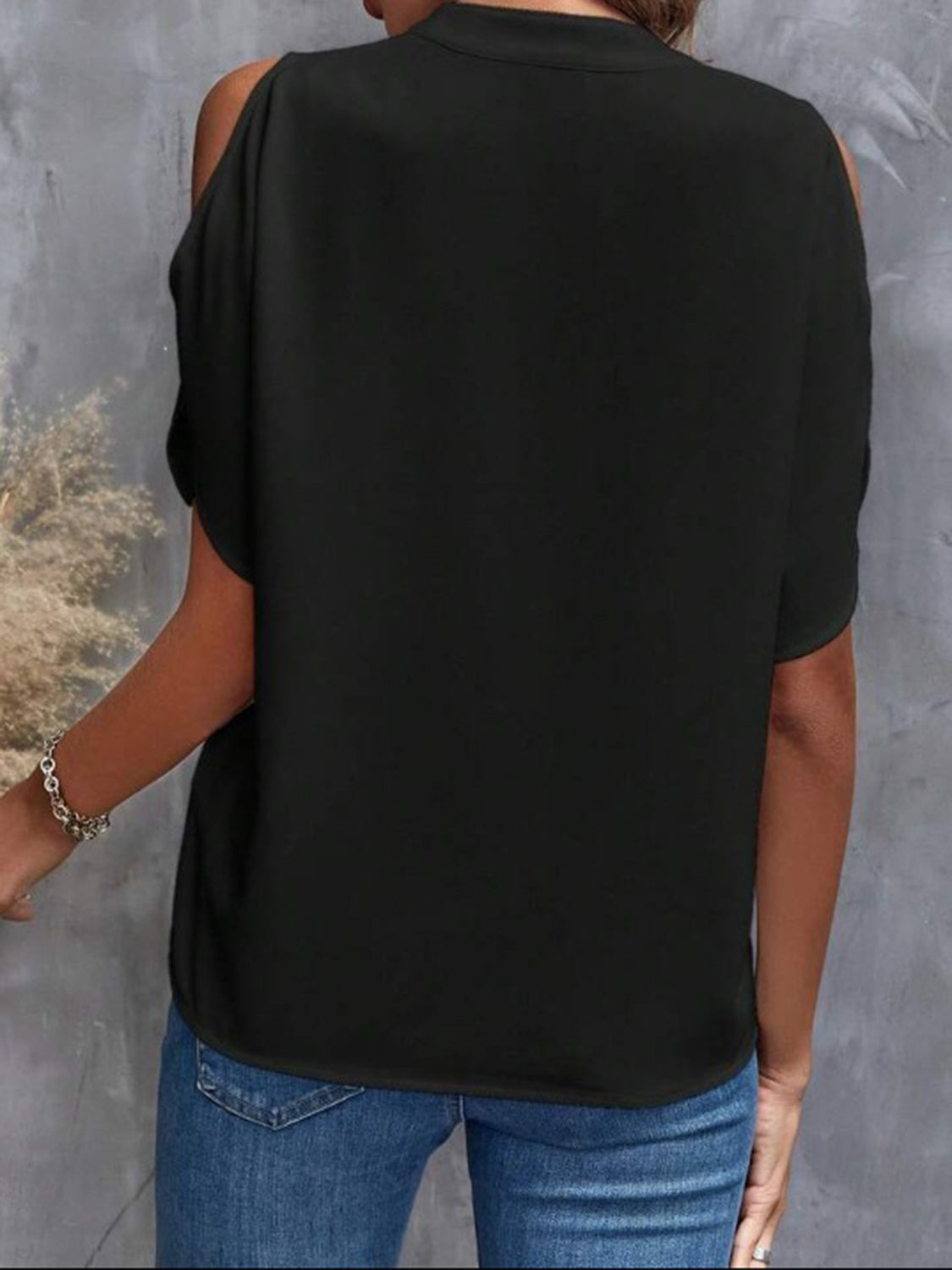 Notched Cold Shoulder Half Sleeve Blouse.