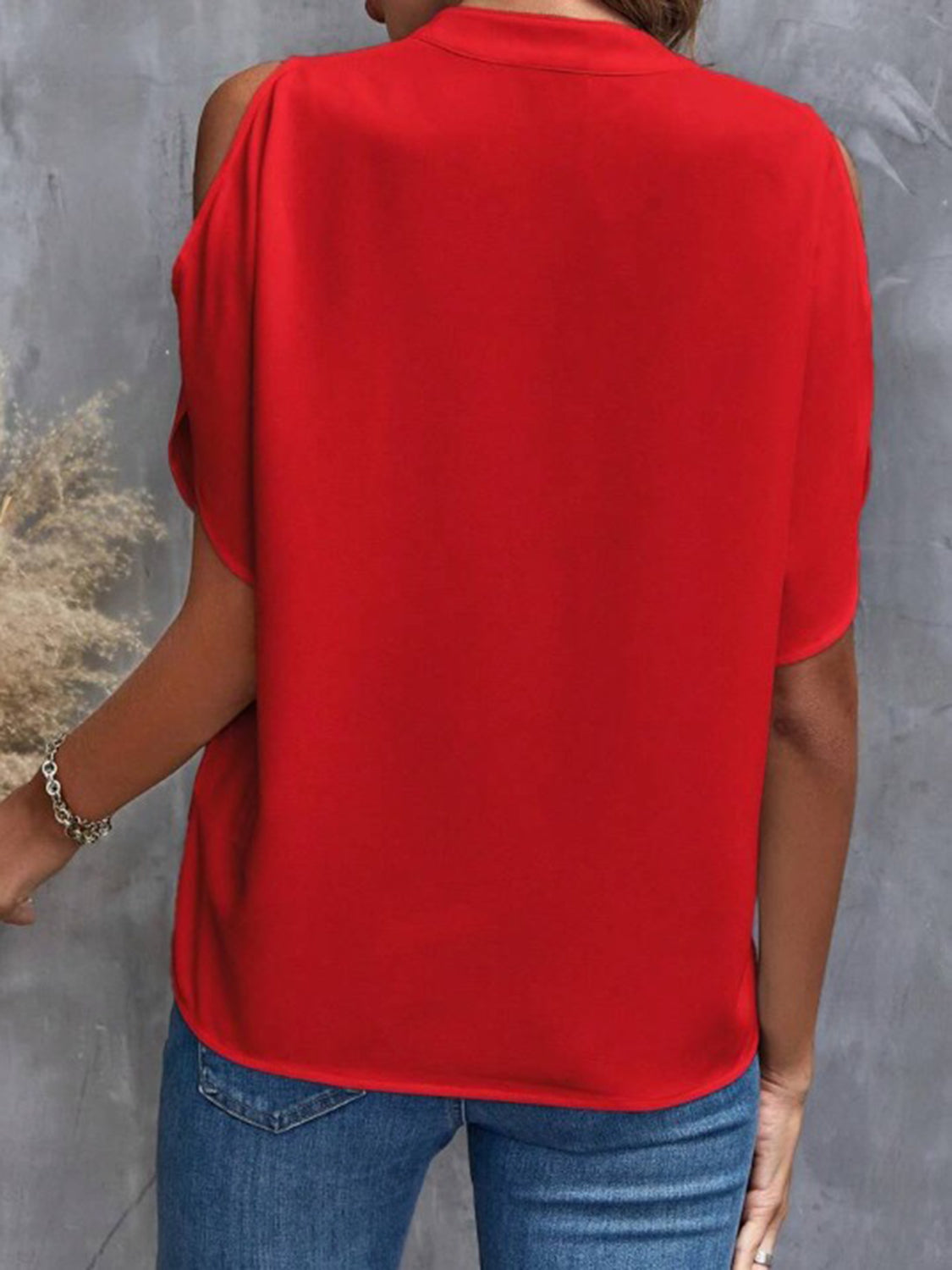 Notched Cold Shoulder Half Sleeve Blouse.