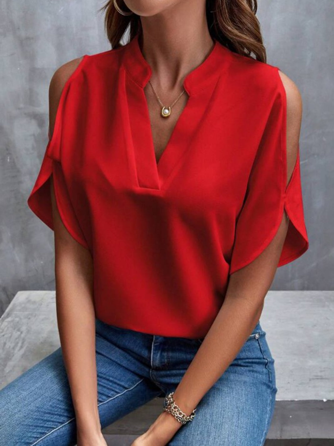 Notched Cold Shoulder Half Sleeve Blouse.