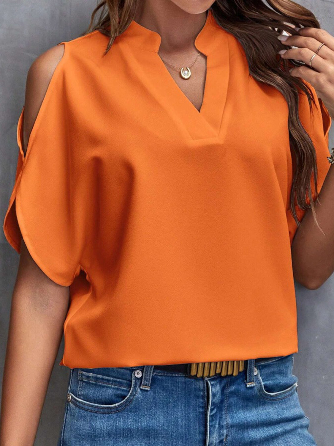 Notched Cold Shoulder Half Sleeve Blouse.