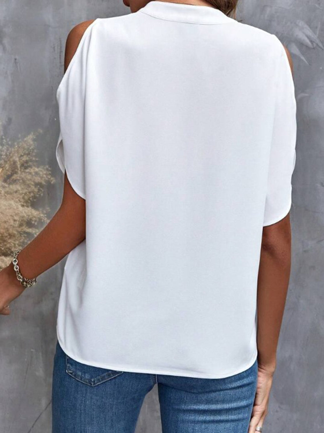 Notched Cold Shoulder Half Sleeve Blouse.