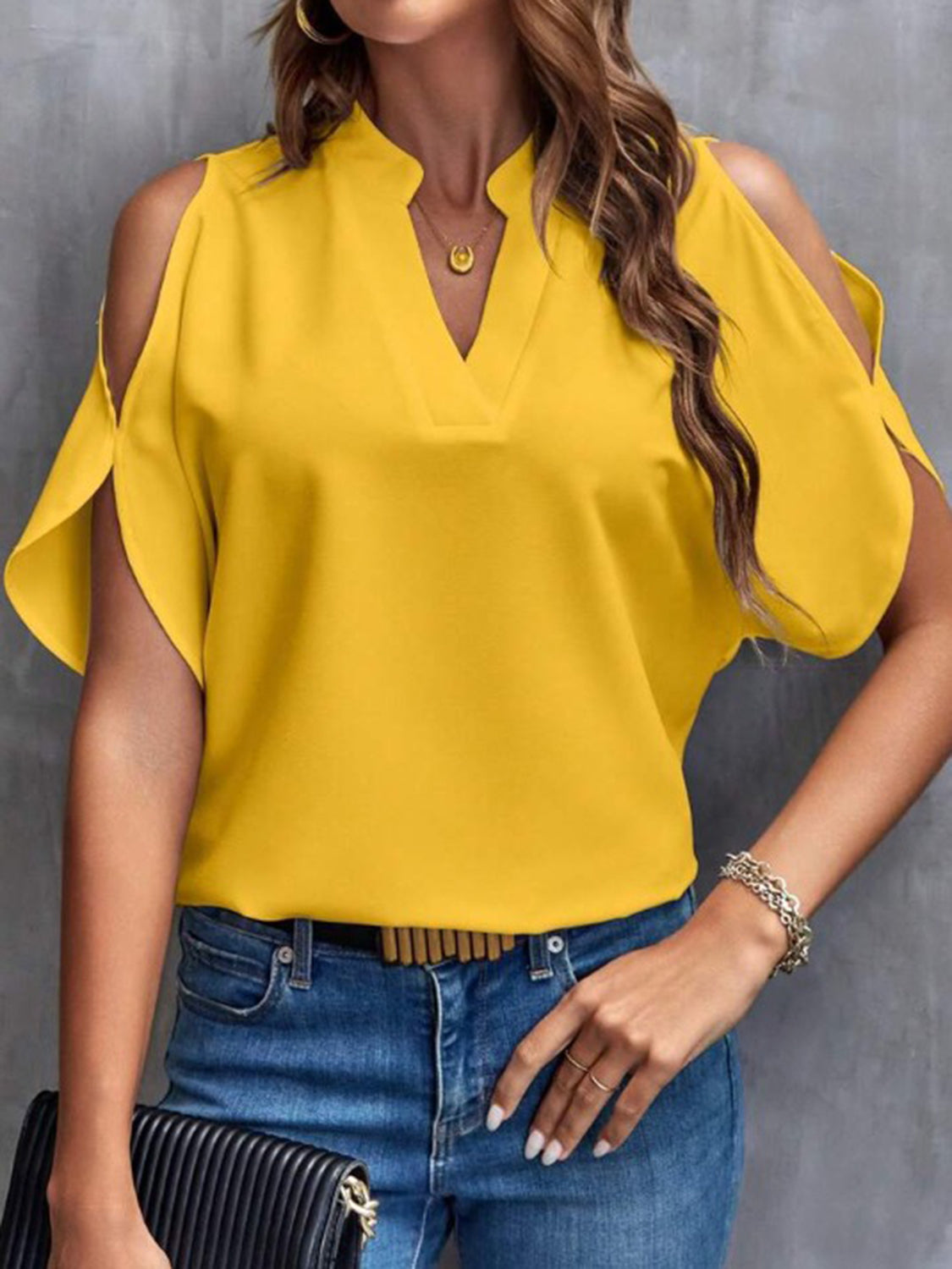 Notched Cold Shoulder Half Sleeve Blouse.