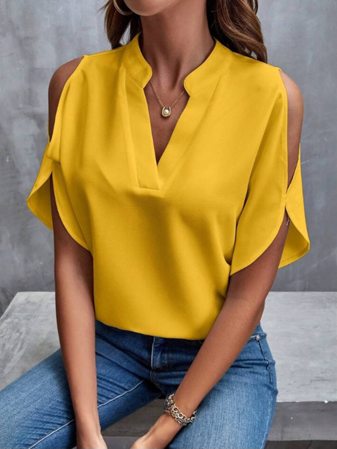 Notched Cold Shoulder Half Sleeve Blouse.