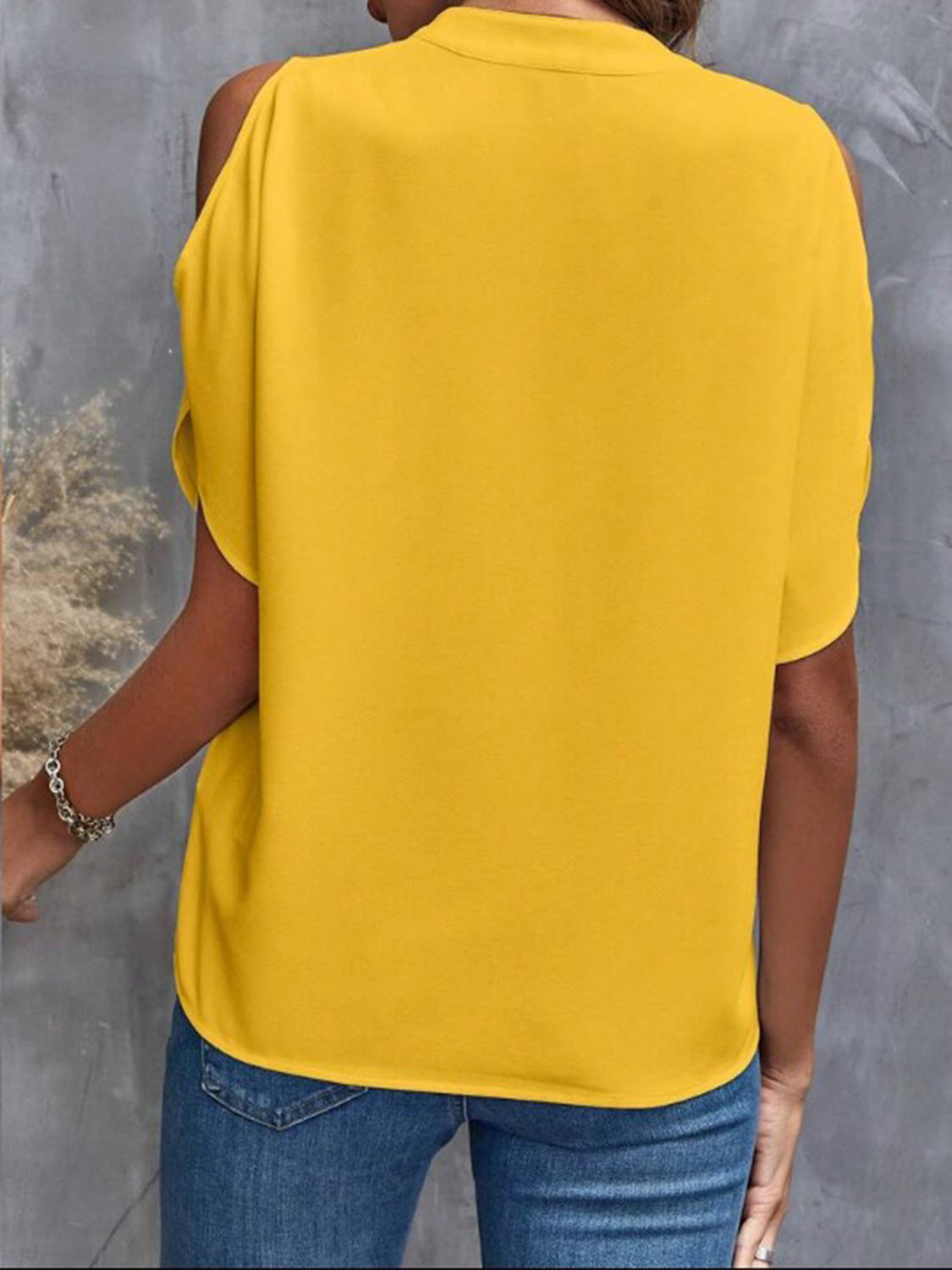 Notched Cold Shoulder Half Sleeve Blouse.