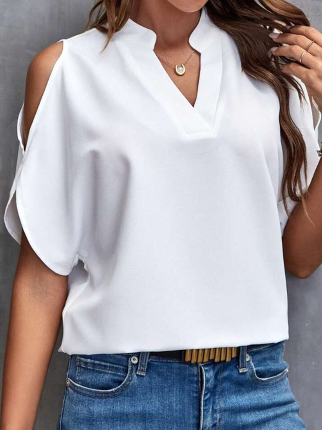 Notched Cold Shoulder Half Sleeve Blouse.