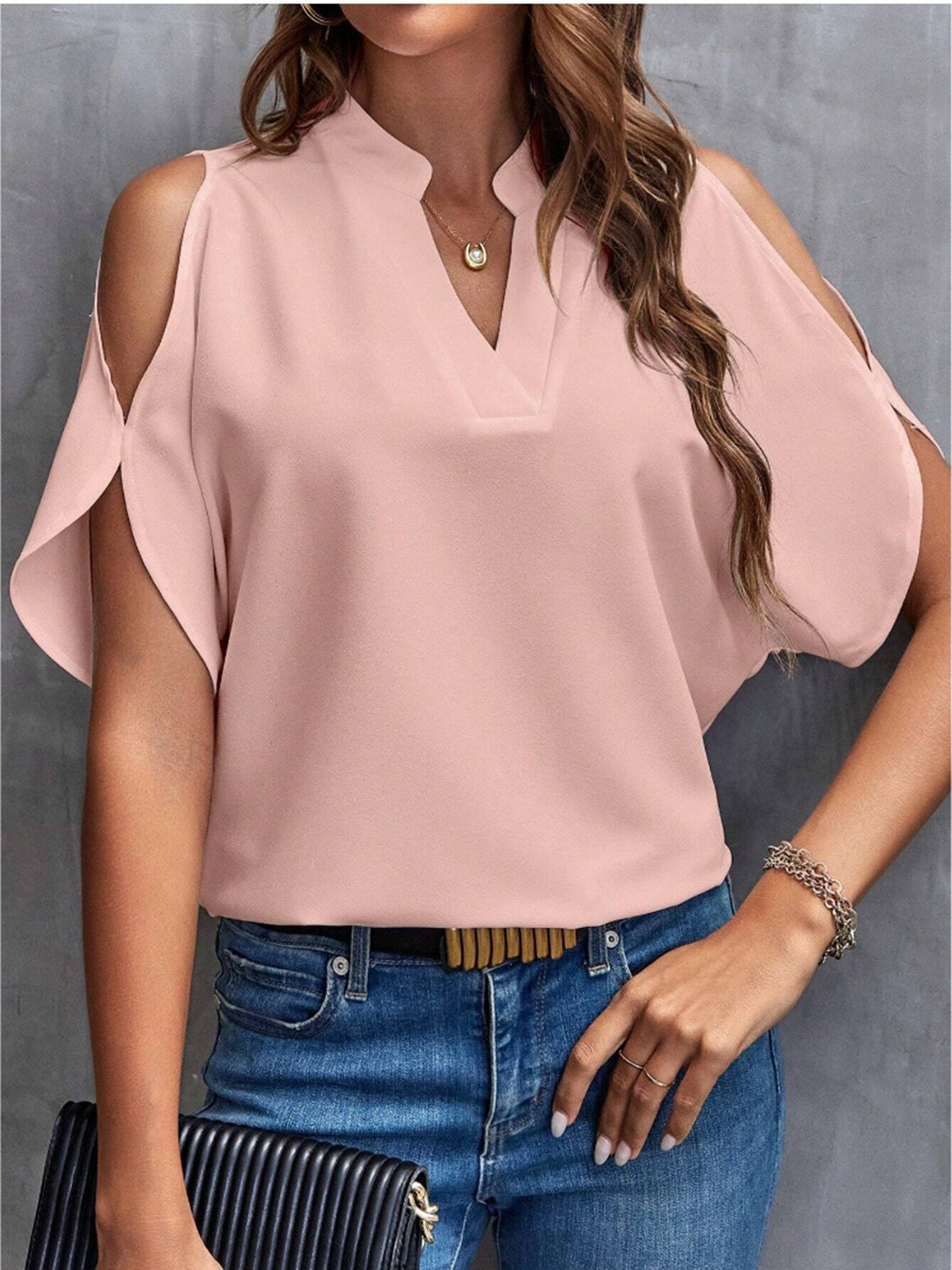 Notched Cold Shoulder Half Sleeve Blouse.