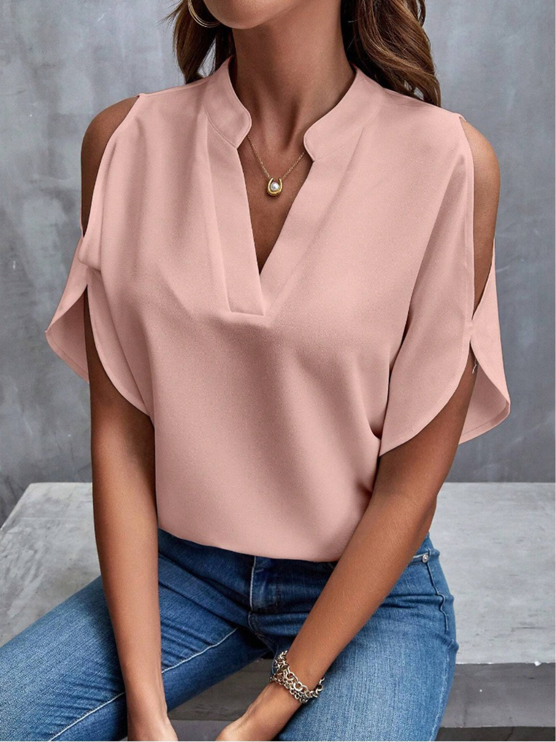 Notched Cold Shoulder Half Sleeve Blouse.
