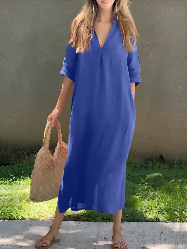Plus Size Notched Half Sleeve Midi Dress.
