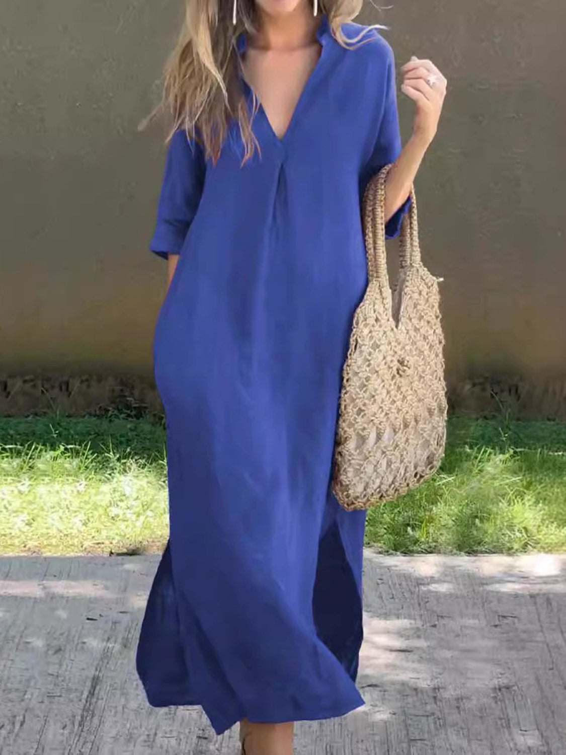 Plus Size Notched Half Sleeve Midi Dress.
