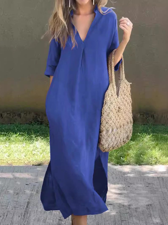 Plus Size Notched Half Sleeve Midi Dress.