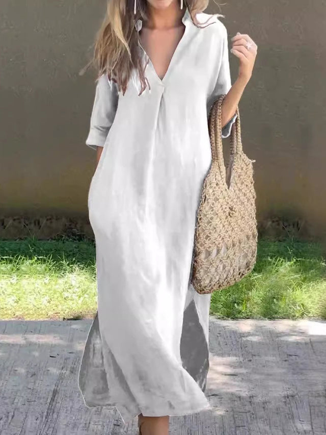 Plus Size Notched Half Sleeve Midi Dress.