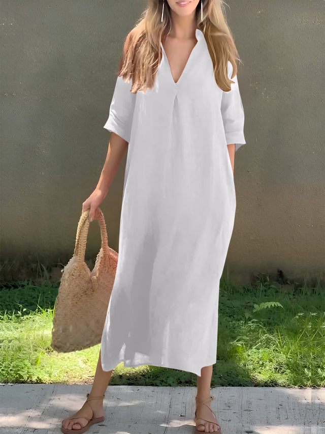 Plus Size Notched Half Sleeve Midi Dress.