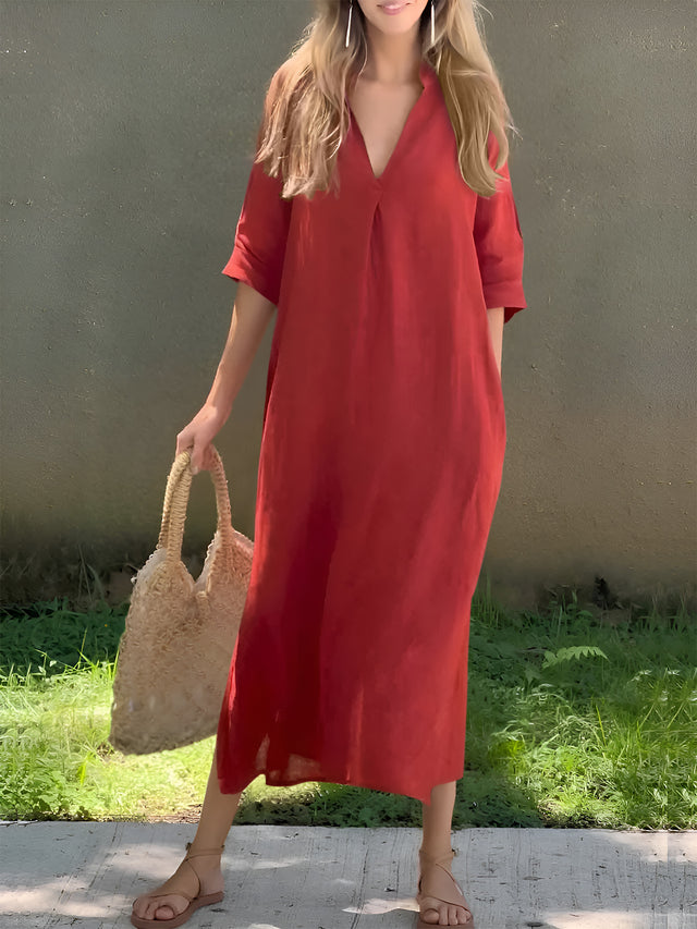 Plus Size Notched Half Sleeve Midi Dress.