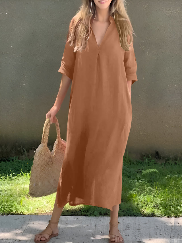Plus Size Notched Half Sleeve Midi Dress.