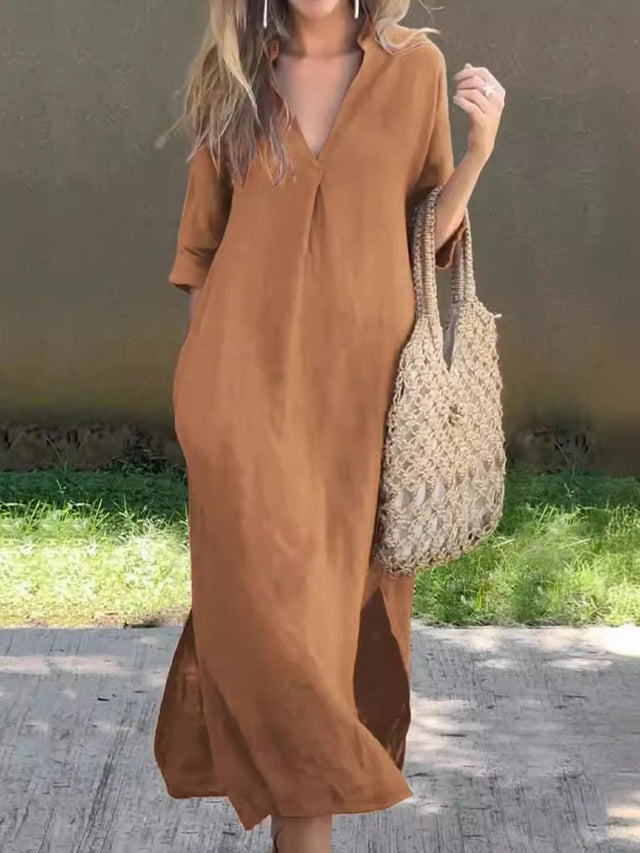 Plus Size Notched Half Sleeve Midi Dress.