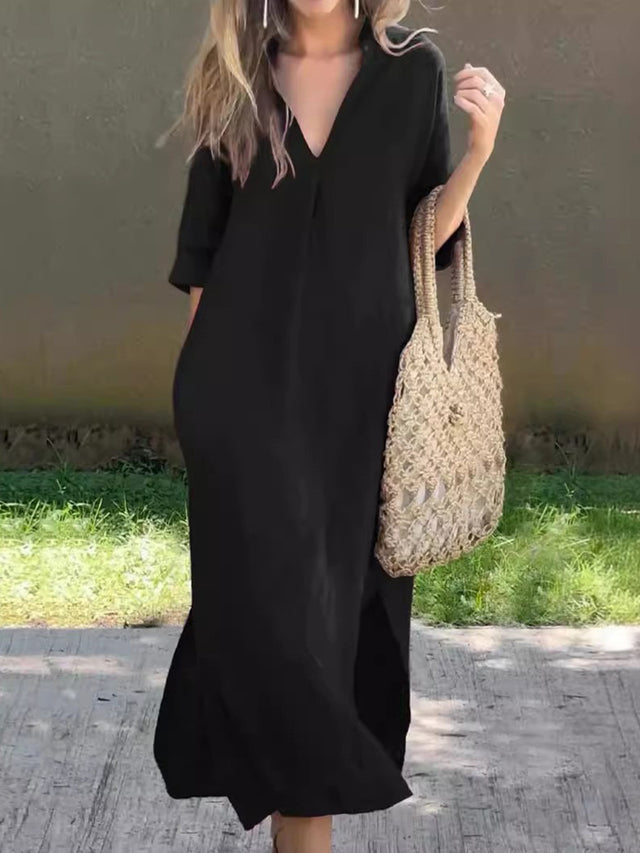 Plus Size Notched Half Sleeve Midi Dress.