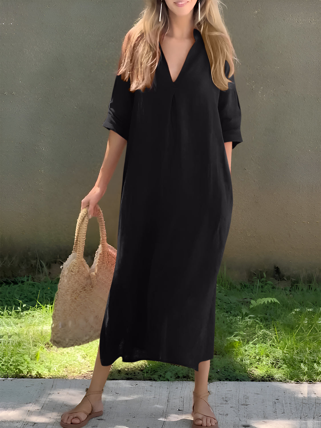 Plus Size Notched Half Sleeve Midi Dress.