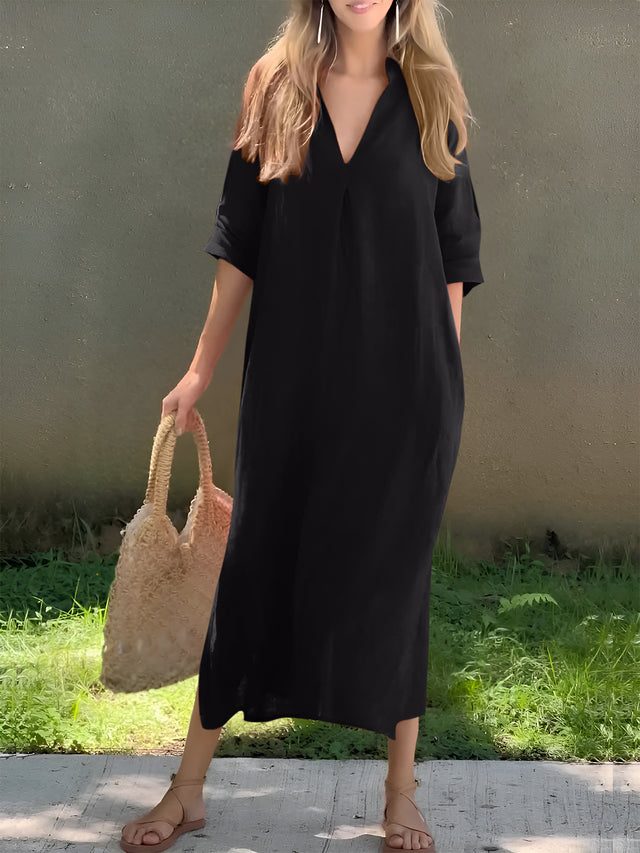 Plus Size Notched Half Sleeve Midi Dress.