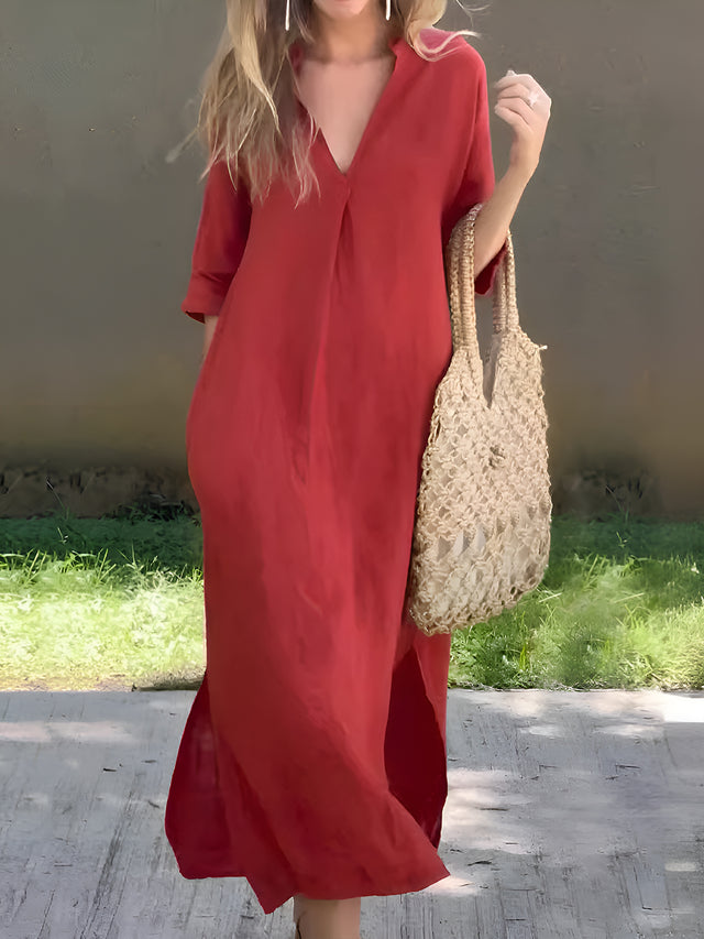 Plus Size Notched Half Sleeve Midi Dress.