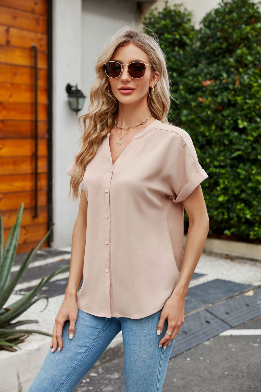 Notched Neck Cuffed Sleeve Shirt.
