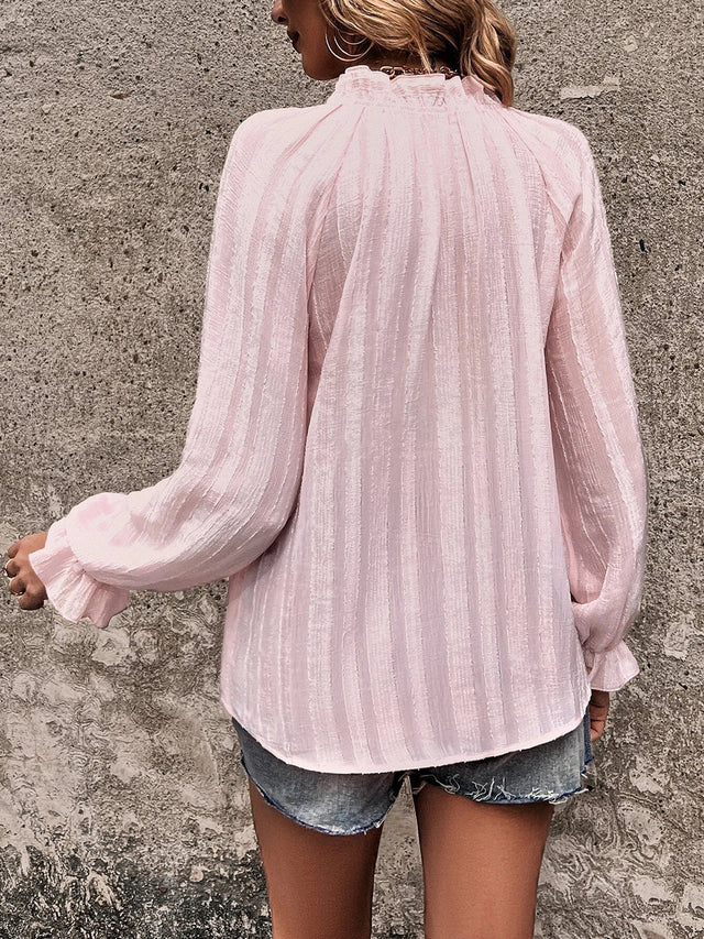 Notched Neck Flounce Sleeve Shirt.