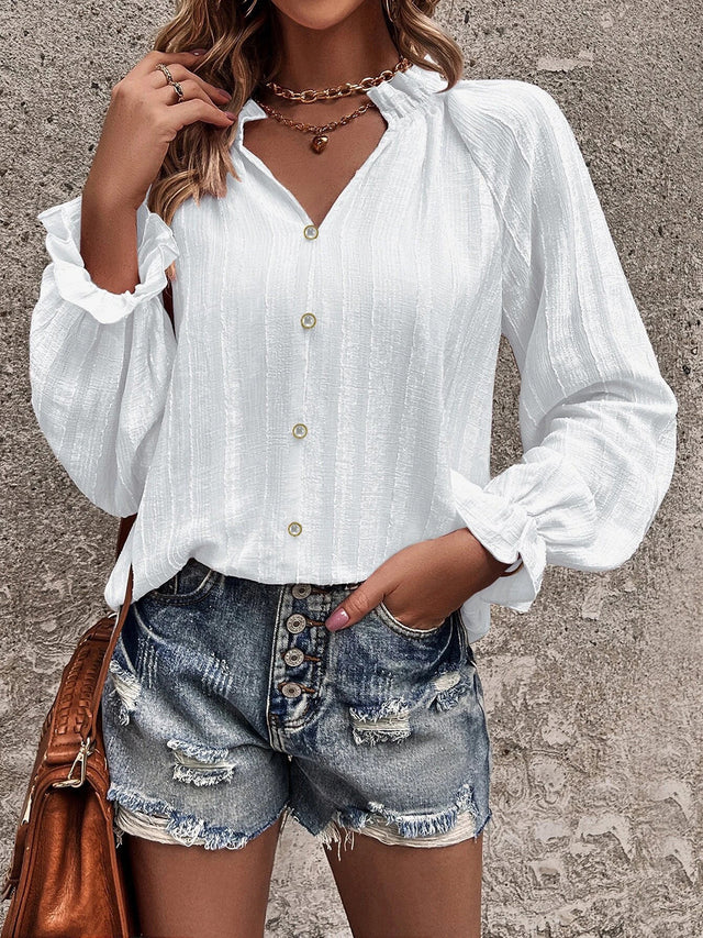 Notched Neck Flounce Sleeve Shirt.