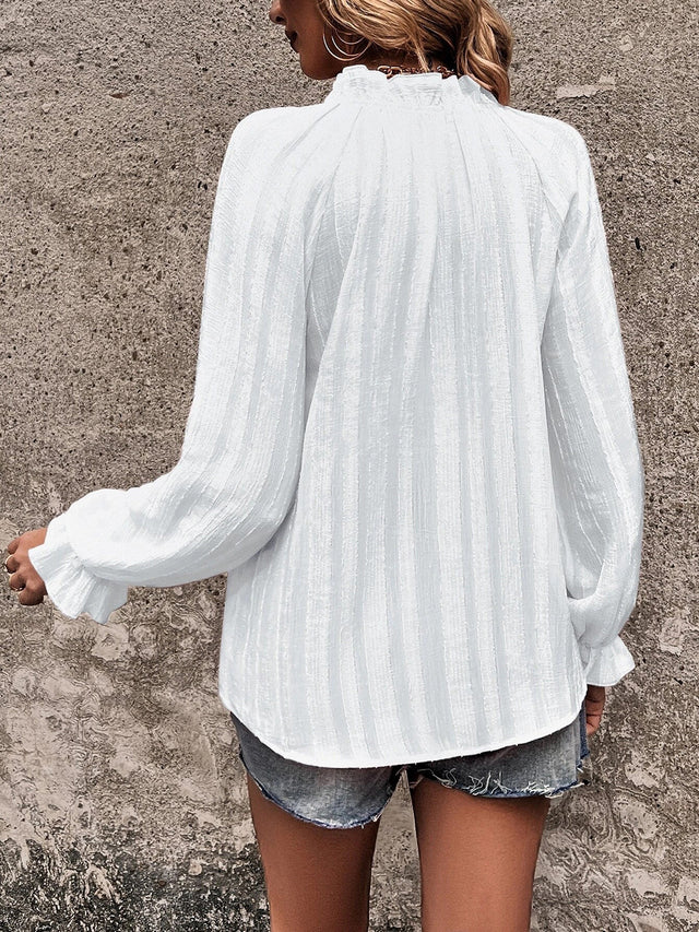 Notched Neck Flounce Sleeve Shirt.