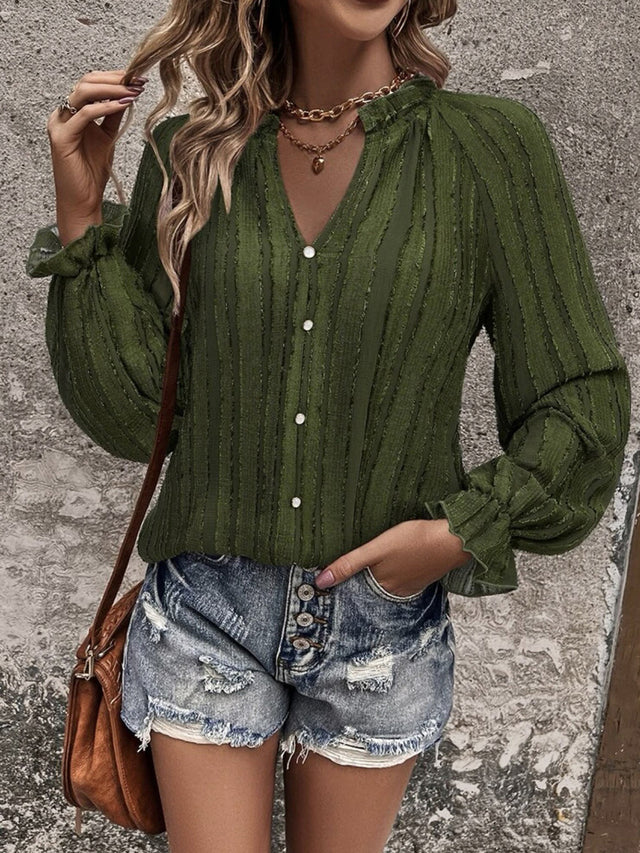 Notched Neck Flounce Sleeve Shirt.