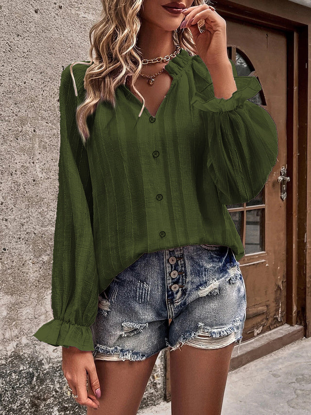 Notched Neck Flounce Sleeve Shirt.
